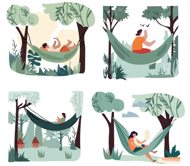在夏季度假期间，人们在吊床上放松和休息。从事休闲活动，如阅读，或在舒适的秋千上工作，被大自然的美景所包围。图片下载