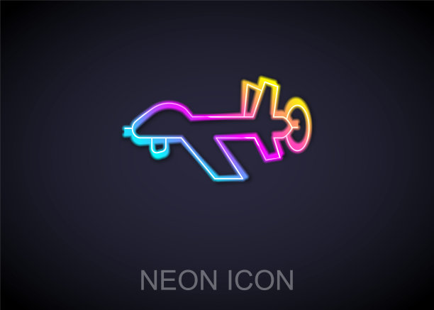 发光的霓虹线无人机无人机图标孤立的黑色背景。军用无人机间谍。向量图片下载