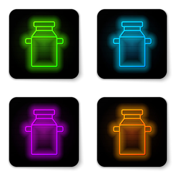 发光的霓虹灯线罐牛奶图标隔离在白色背景。黑色方形按钮。向量图片下载