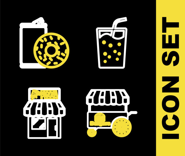 集线玻璃与水，快街食品车，比萨店建筑立面和铝罐苏打水和甜甜圈图标。向量图片下载