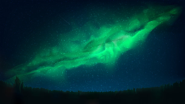 夜晚繁星满天，闪耀着绿色的星云。深蓝色的空间背景与恒星，星系，流星。明亮的星云。星夜在自然，宇宙在宇宙。草地，田野，星星。矢量图图片下载