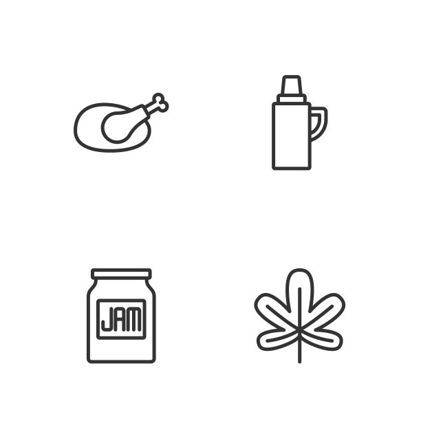 设置线栗叶，果酱罐，烤火鸡或鸡肉和保温瓶容器图标。向量图片下载