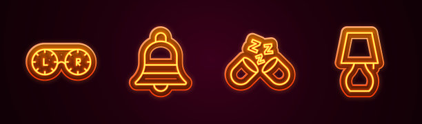 集线隐形眼镜容器、门铃、安眠药、台灯。发光的霓虹灯图标。向量图片下载