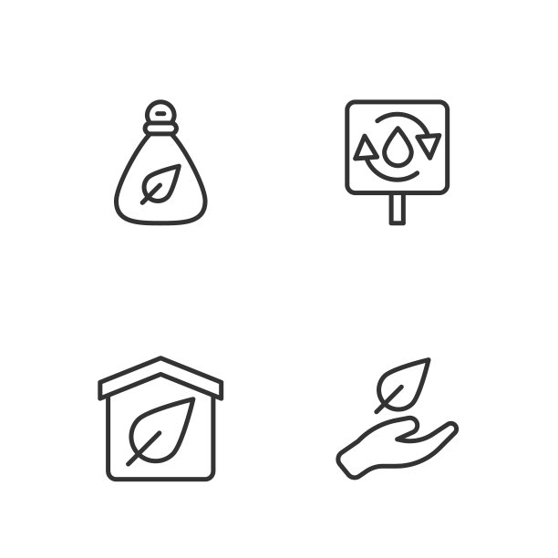 设置线叶子在手，生态友好的房子，垃圾袋和回收清洁水图标。向量图片下载