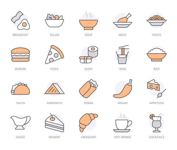 餐厅菜单线图标集。三明治，沙瓦玛，汤，沙拉，意大利面，玉米饼，披萨，鸡蛋和培根最小矢量插图。厨房的简单轮廓标志。橙颜色。可编辑的中风图片下载