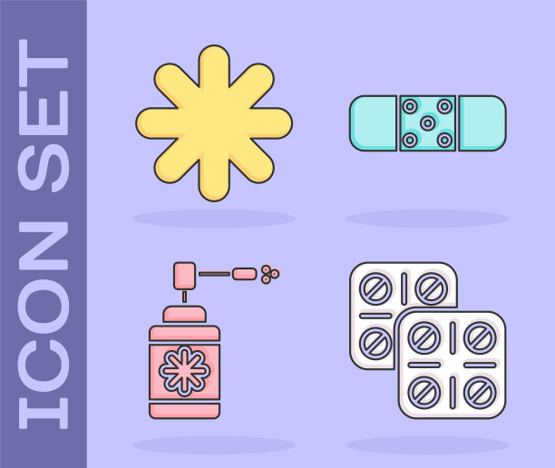 集药片泡罩包装，十字医院医疗，医疗瓶喷嘴喷雾和绷带石膏图标。向量图片下载