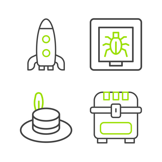 集线古董宝箱，人帽，昆虫在框架和火箭船图标。向量图片下载