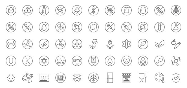 食物过敏原线图标集。产品特点-无大豆，花生，麸质，乳制品，谷物，棕榈，盐，素食主义者，化学品，饮食矢量插图。概述膳食标签的符号。可编辑的中风图片下载