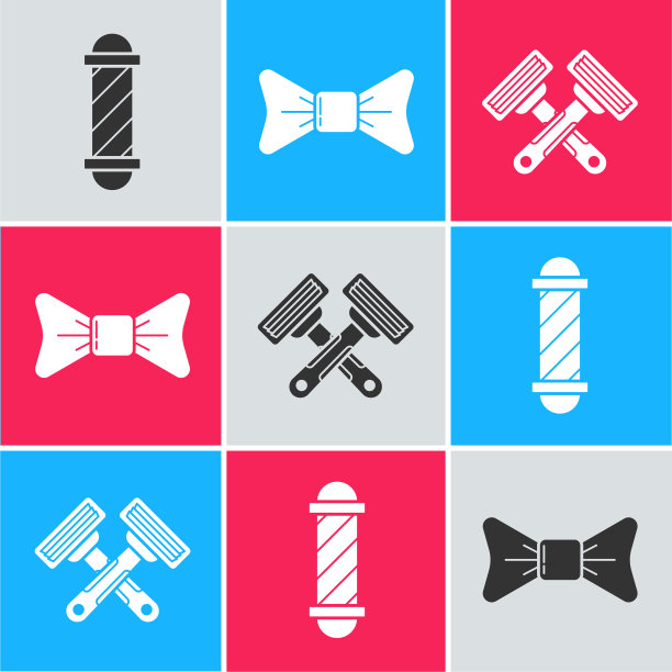 集经典理发店杆子，领结和交叉剃须剃刀图标。向量图片下载