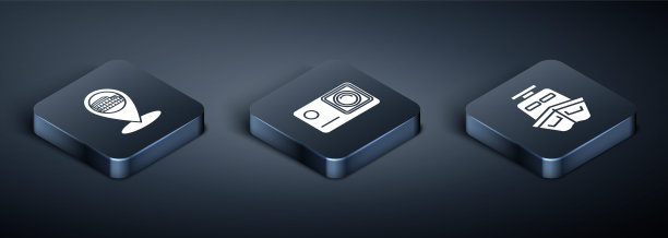 设置等距地图指针与罗马竞技场，意大利，船和行动极端相机图标。向量图片下载