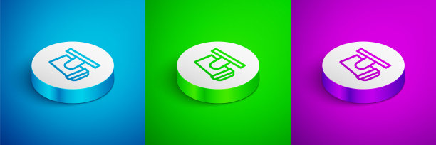 等距线Led轨道灯和灯与射灯图标隔离在蓝色，绿色和紫色的背景。白色圆圈按钮。向量图片下载