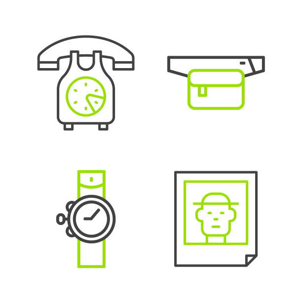设置线照片，腕表，腰袋的香蕉和电话听筒图标。向量图片下载