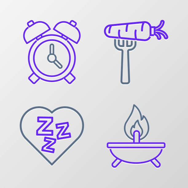 设置线芳香蜡烛，困倦，胡萝卜在叉子和闹钟图标。向量图片下载