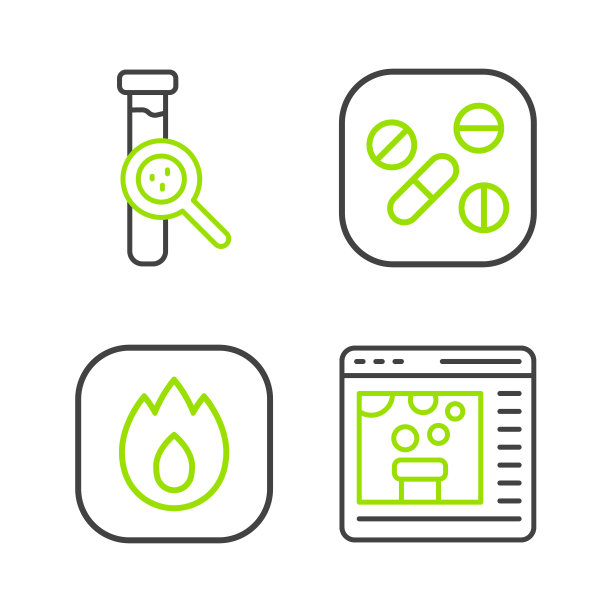 设置在线化学，火焰，药物药丸或片剂和试管和烧瓶图标。向量图片下载