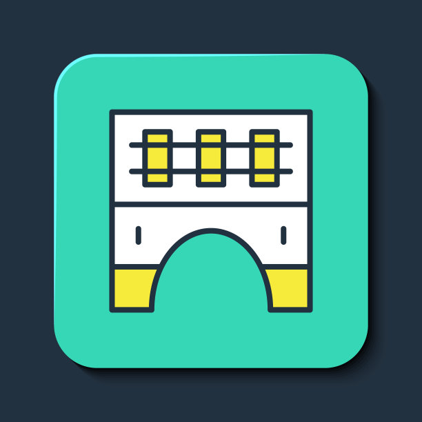 填充轮廓桥火车图标隔离在蓝色背景。绿松石方形纽扣。向量图片下载