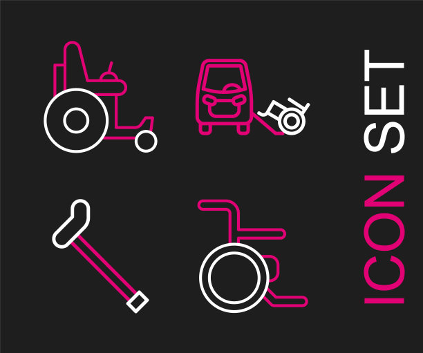 设置线轮椅，手杖，手杖，残疾人汽车和电动轮椅图标。向量图片下载