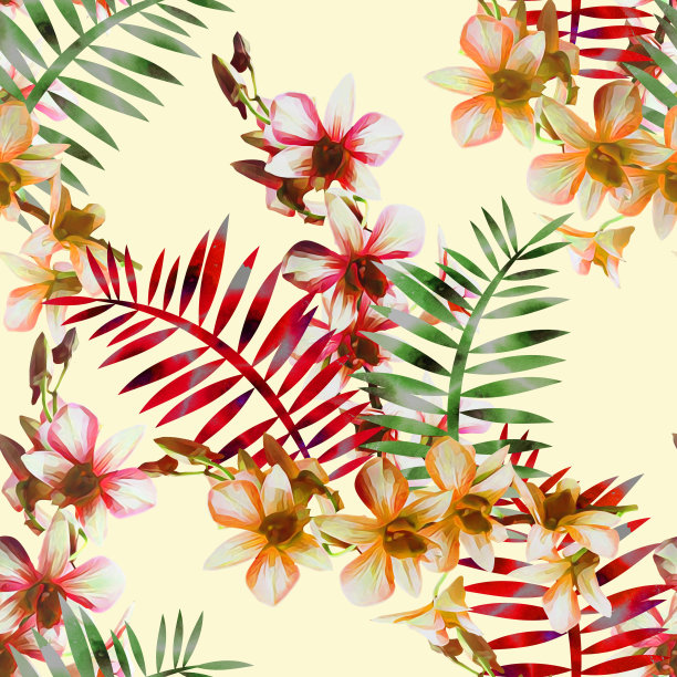 兰花花束与蕨类无缝图案。图片下载