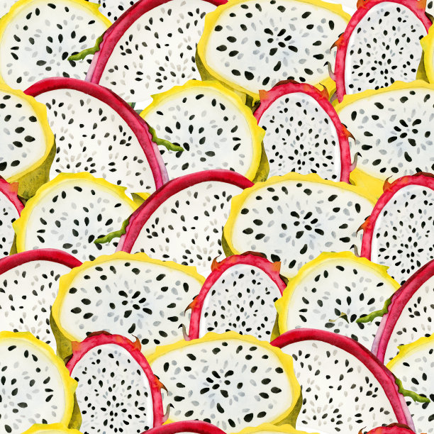 火龙果片无缝图案与水彩粉红色，红色和黄色火龙果仙人掌。明亮的热带印花背景织物，食品包装纸，厨房和菜单设计。暑假图片下载