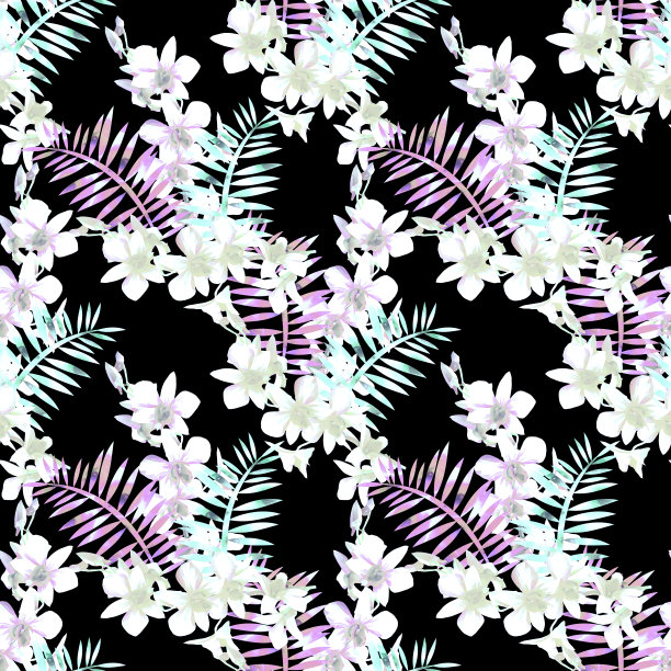 兰花花束与蕨类无缝图案。图片下载