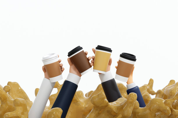 手持纸咖啡杯与空白标签的咖啡液体飞溅，模拟，3D渲染。图片下载