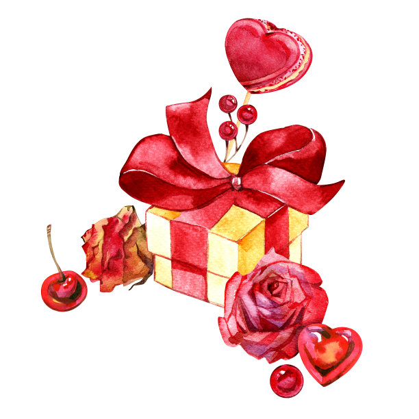 水彩情人节花式花和甜蜜的边框。波西米亚浪漫的米色和粉色玫瑰，心形，蝴蝶结，马卡龙，糖果设计。爱情符号排列。绿藤牌，明信片，背景，印刷品图片下载