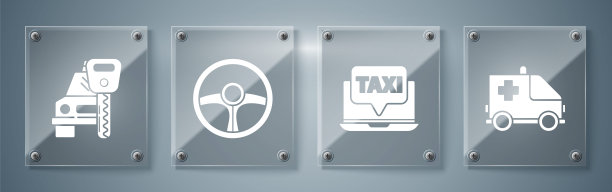 集救护车和急救车，笔记本电脑呼叫出租车服务，方向盘和汽车租赁。方形玻璃板。向量图片下载