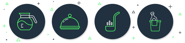 设置线覆盖托盘，厨房勺子，咖啡壶和香槟在冰桶图标。向量图片下载