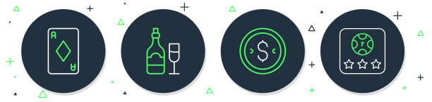 设置线香槟瓶与玻璃，硬币钱美元，打牌钻石和在线扑克桌游戏图标。向量图片下载