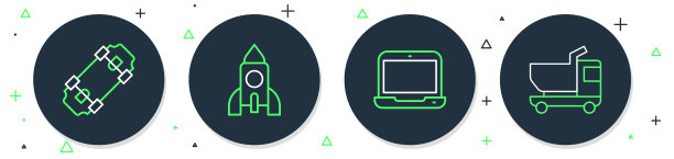 设线火箭船玩具，笔记本电脑，滑板和玩具卡车图标。向量图片下载