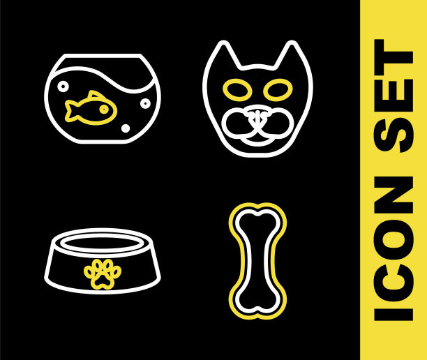 设置线猫，狗骨头，宠物食品碗和水族馆与鱼的图标。向量图片下载