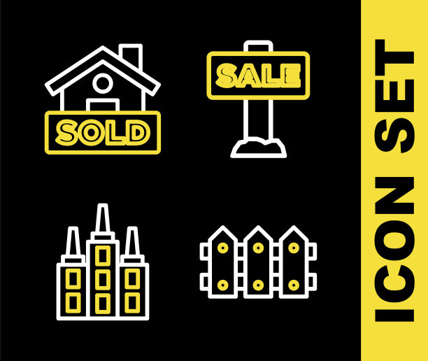 设置线悬挂标志出售，花园围栏木制，摩天大楼和文字出售图标。向量图片下载