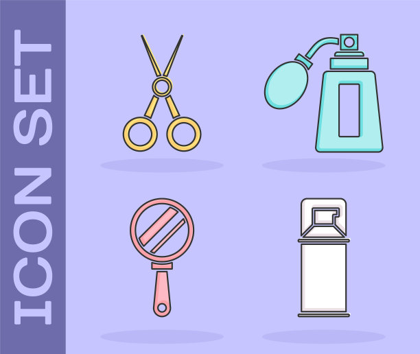集剃须啫喱泡沫，剪刀理发师，手镜和须后水瓶雾化图标。向量图片下载