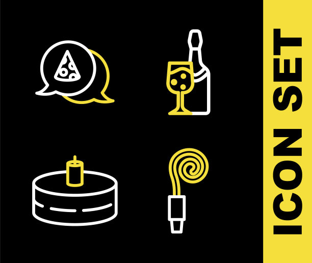 设置线香槟瓶，生日派对号角，蛋糕与燃烧的蜡烛和披萨片图标。向量图片下载