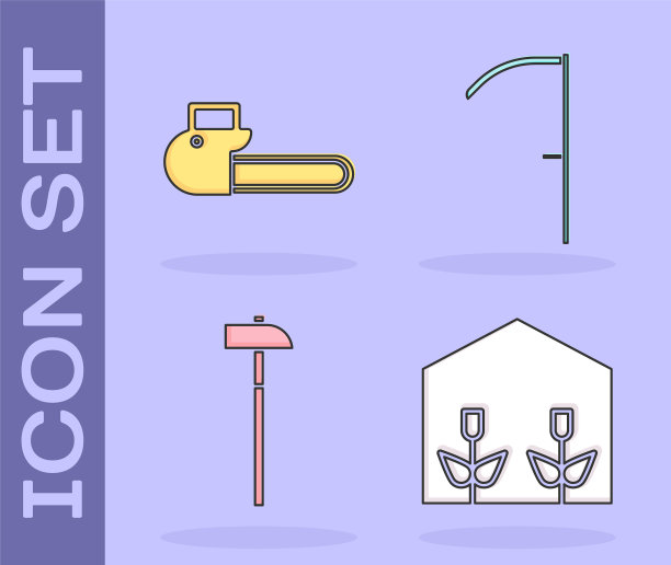 集家庭温室和植物，电锯，锤子和镰刀图标。向量图片下载