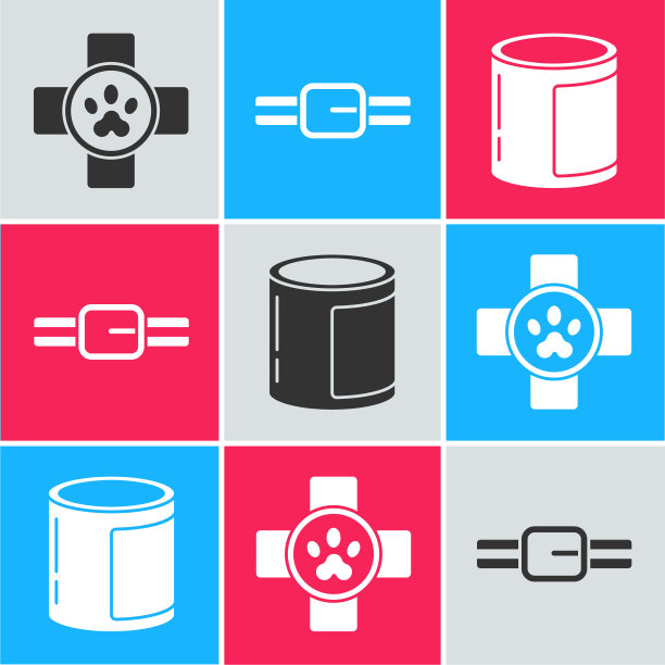 设置兽医诊所标志，项圈与名牌和罐头食品图标。向量图片下载