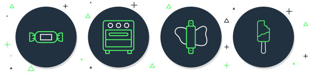 设置烤箱线，擀面杖，糖果和冰淇淋图标。向量图片下载