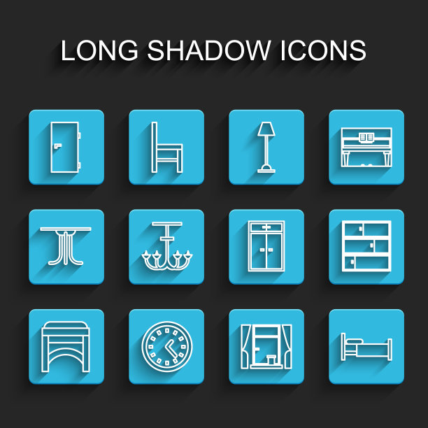 集线椅子，时钟，关闭的门，窗户与窗帘，床，吊灯，架子和衣柜图标。向量图片下载