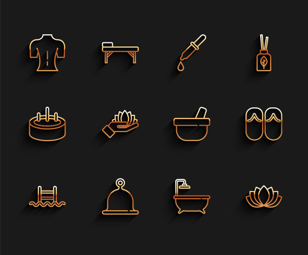 设置线游泳池与梯子，桑拿帽，按摩，浴缸，莲花，人字拖和臼杵图标。向量图片下载