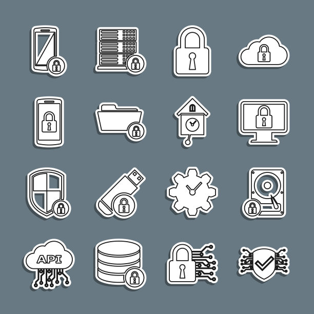 设置线网络安全，硬盘驱动器和锁定，锁定显示器，文件夹，智能手机，和复古墙手表图标。向量图片下载