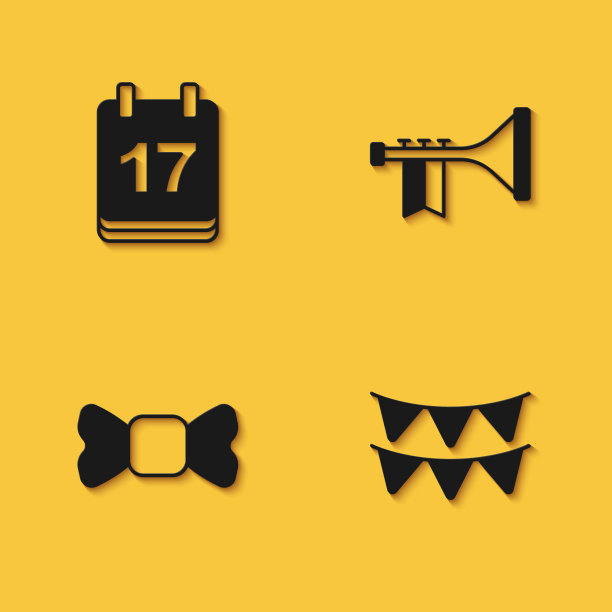 设置圣帕特里克日日历，嘉年华花环旗，领结和小号图标与长阴影。向量图片下载