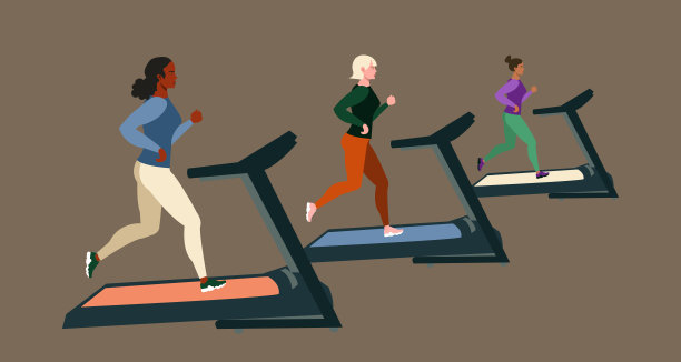不同的女人在跑步机上慢跑图片下载