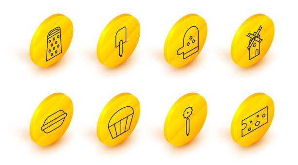 设定线奶酪，披萨刀，松饼，马卡龙饼干，风车，烤箱手套，抹刀和磨碎器图标。向量图片下载