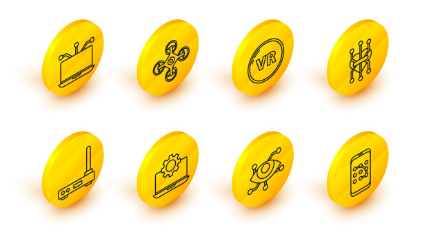 移动和图形密码保护，虚拟现实，笔记本电脑设备，路由器wi-fi信号，处理器，无人机和图标。向量图片下载