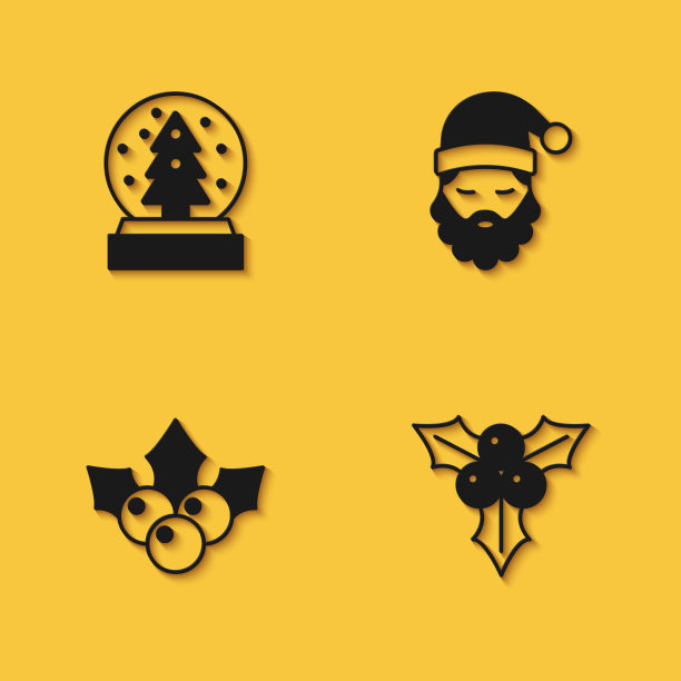 设置圣诞雪花玻璃球、枝叶荚，以及圣诞老人的帽子和胡子上带有长长的影子的图标。向量图片下载