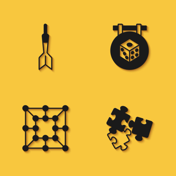 集镖箭，拼图片玩具，棋盘游戏和游戏骰子图标与长阴影。向量图片下载