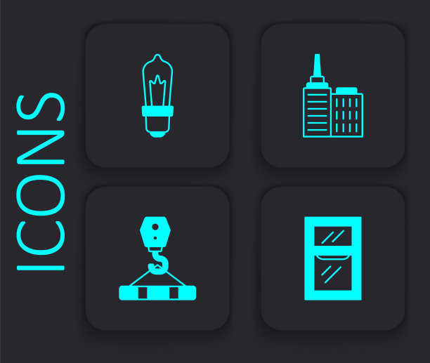 设置房间窗口，灯泡，城市景观和吊钩图标。黑色方形按钮。向量图片下载