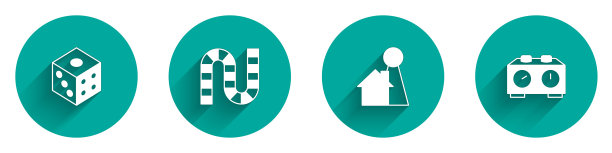 设置游戏骰子，棋盘游戏，芯片为棋盘和时间象棋时钟图标长阴影。向量图片下载