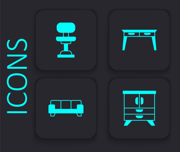 设置抽屉柜，办公椅，书桌和沙发图标。黑色方形按钮。向量图片下载