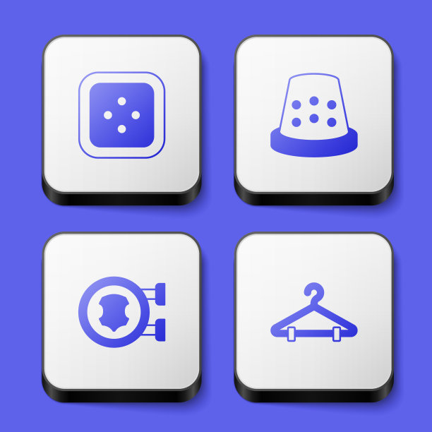 设置衣服缝纫按钮，顶针缝纫，皮革和衣架衣柜图标。白色方形按钮。向量图片下载