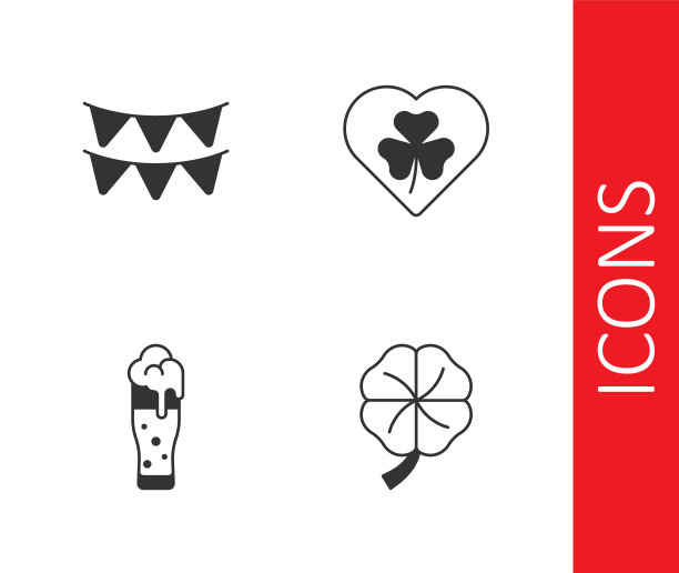 集四叶三叶草，嘉年华花环与旗帜，啤酒和心脏三叶草图标的玻璃。向量图片下载